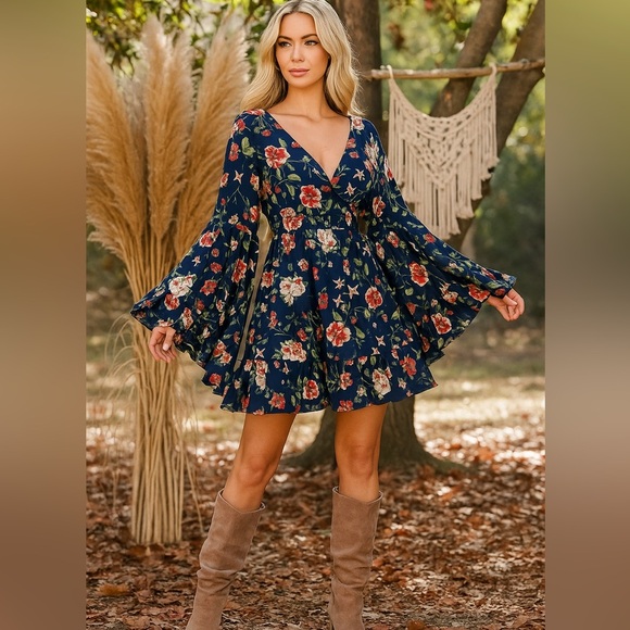 Betsey Johnson Blue Floral Mini Dress Bell Sleeves Dark Cottagecore - Picture 1 of 12